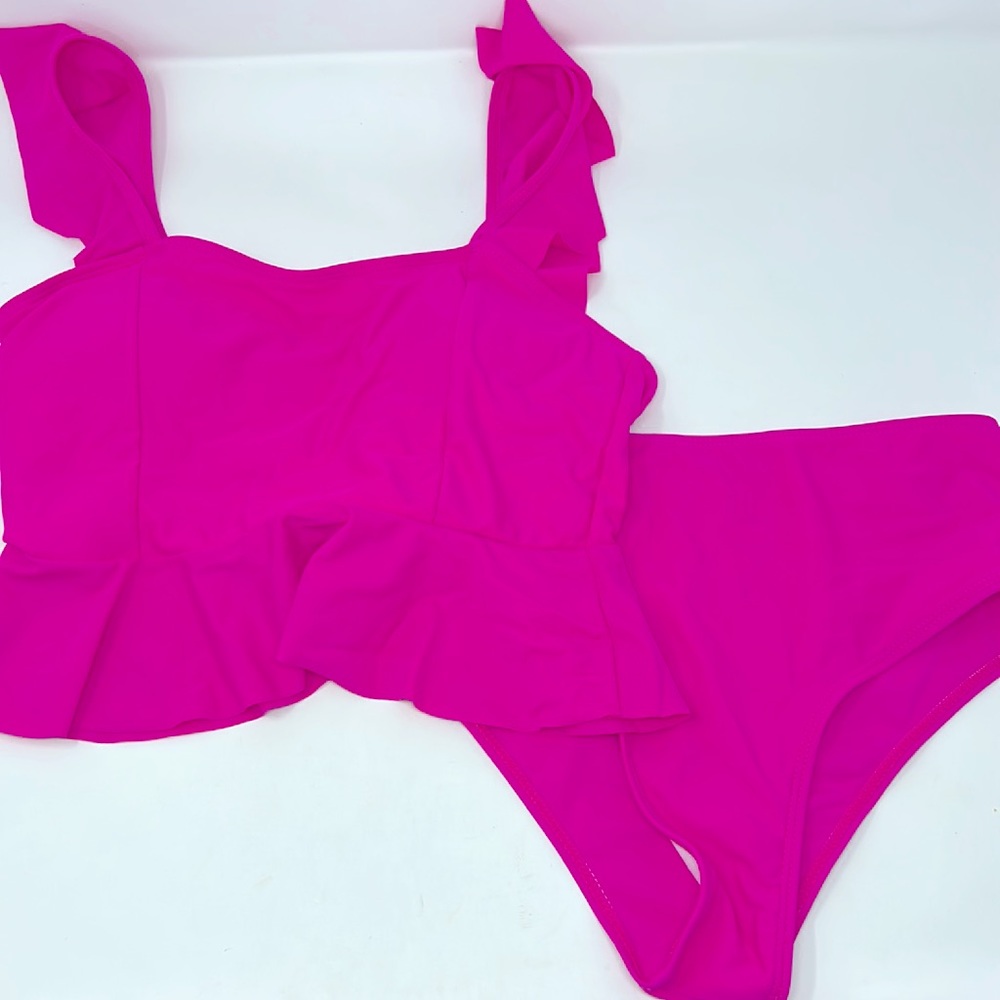 Shein Pink Bikini Ruffle Trim Tankini Swimsuit Set Size Small